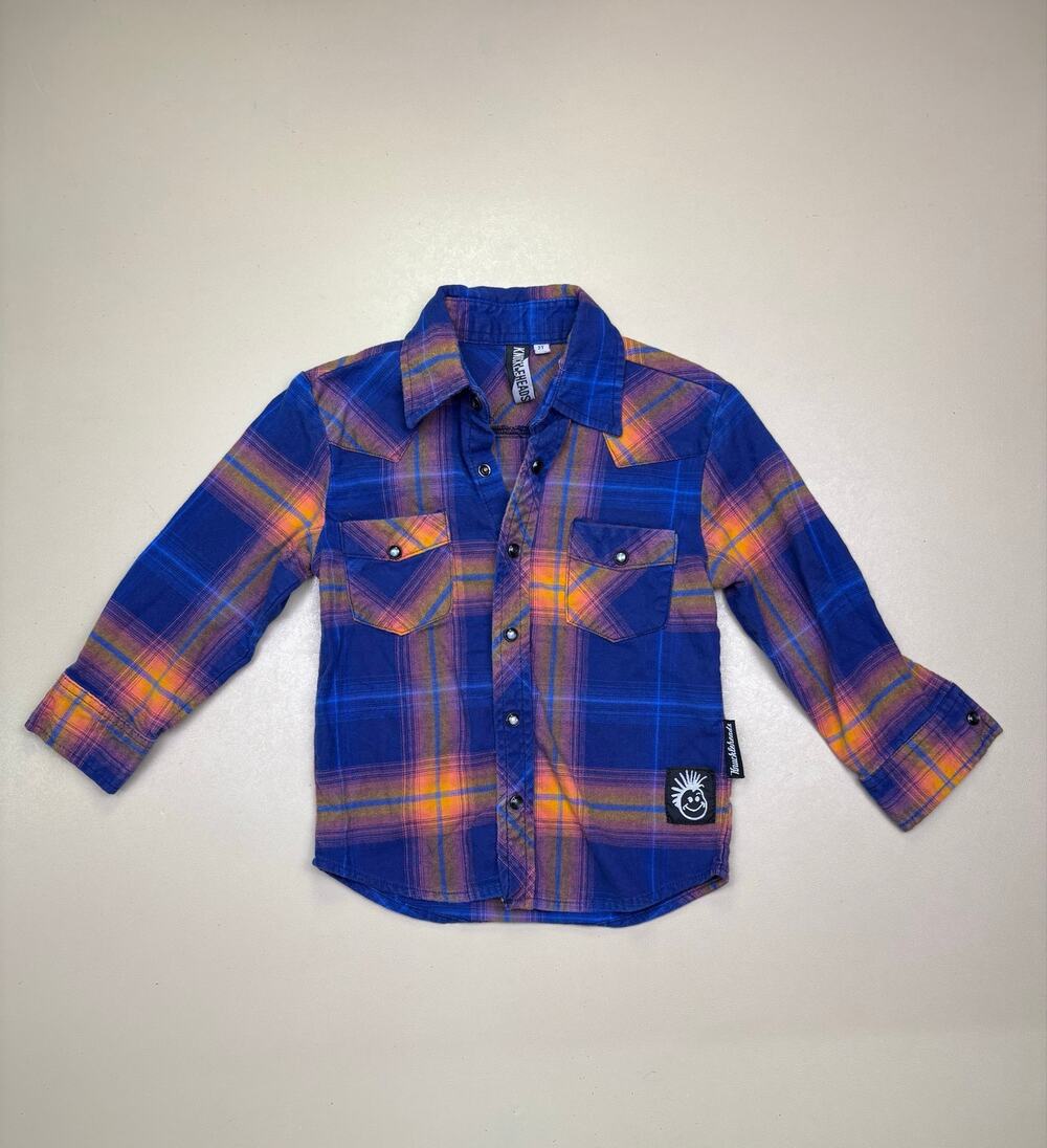 Knuckleheads Boys Plaid Western Pearl Snap Shirt Blue Orange Long Sleeve 2T EUC